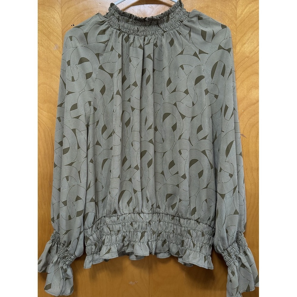 Worthington Womens Smocked Waist Peplum Smocked Mock Neck Keyhole Top Olive Sz L
